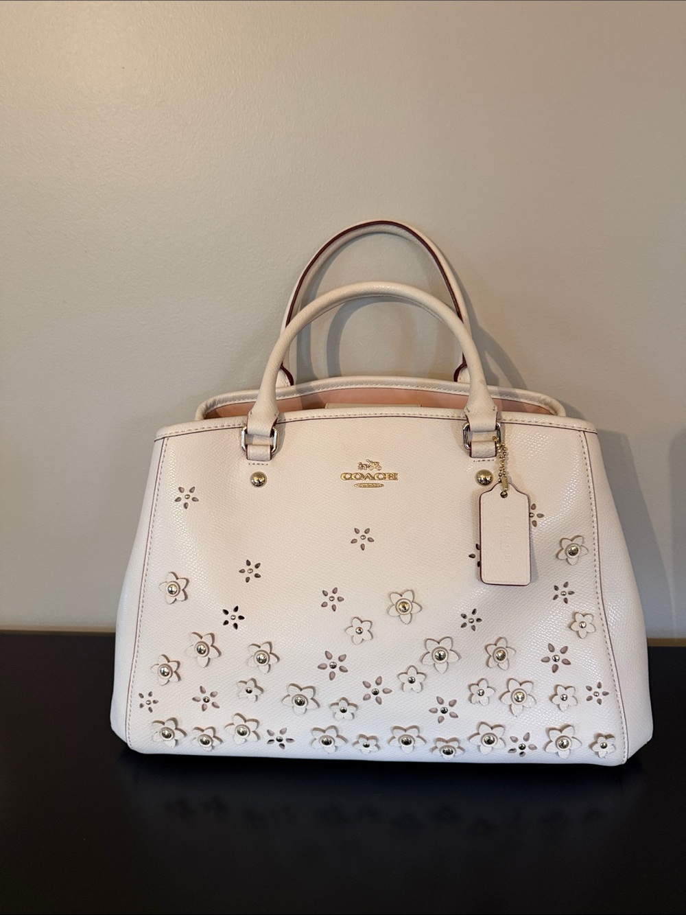 Coach Floral Cutout Leather Satchel in Chalk
